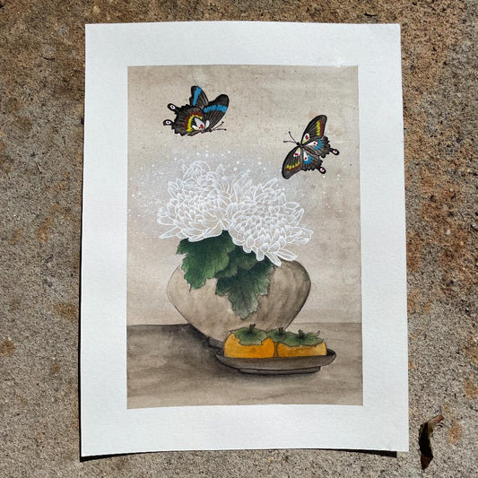 CHRYSANTHEMUM + BUTTERFLY STILL LIFE Painting